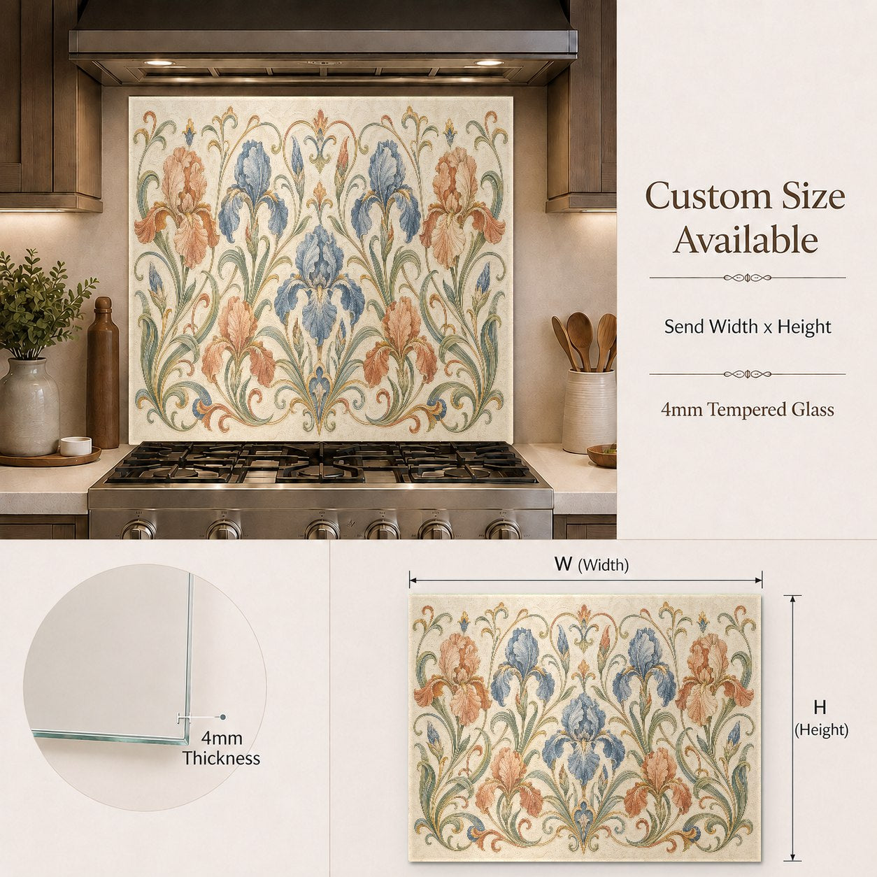 Beautiful cream and beige floral glass kitchen panel serving as a durable backsplash behind a range.