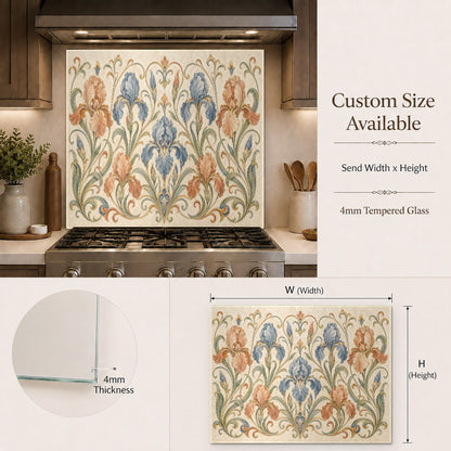 Beautiful cream and beige floral glass kitchen panel serving as a durable backsplash behind a range.