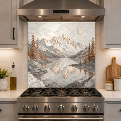 Easy-to-clean glass stove guard showing a serene copper-toned lake design in a modern farmhouse kitchen.