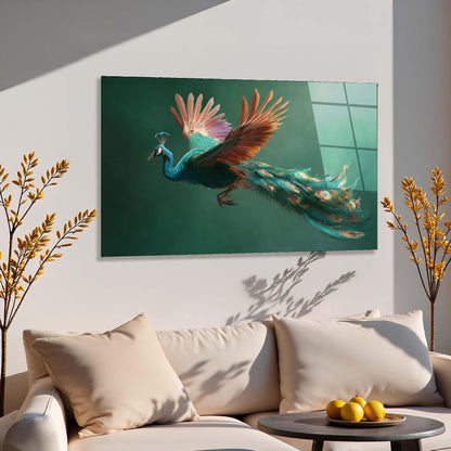 Peacock painting on a wall above a sofa with decorative elements.