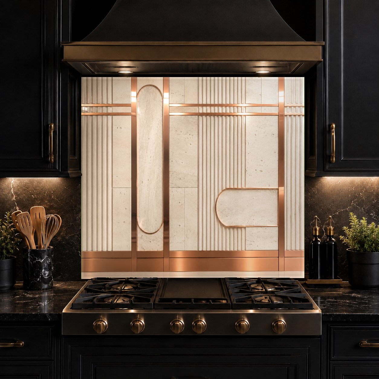 Seamless copper line glass backsplash protecting a busy kitchen stove area