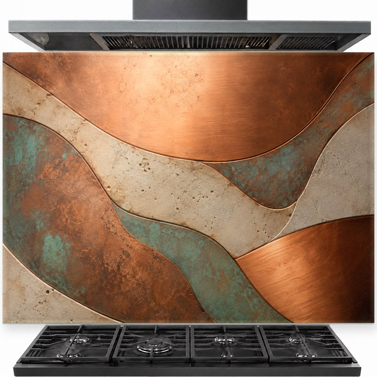 Copper Flow tempered glass backsplash installed behind a modern gas stove in a contemporary kitchen.