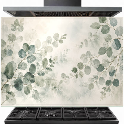 Eucalyptus tempered glass backsplash panel installed behind a modern slide-in gas range in a white kitchen.