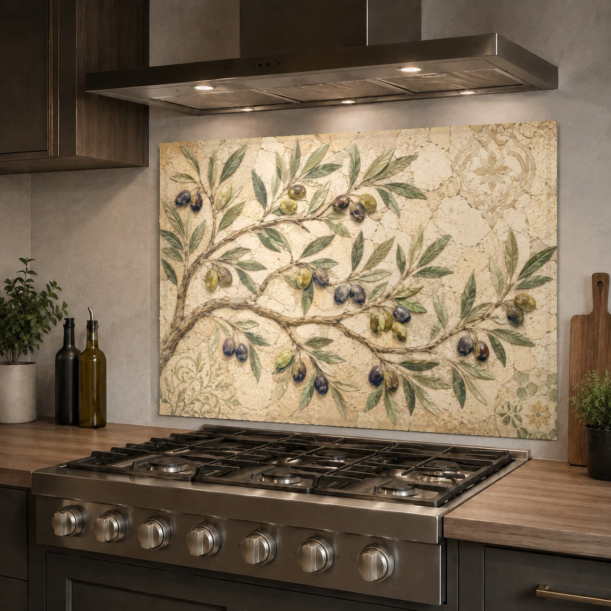 Botanical green olive grove glass backsplash behind a kitchen sink wall