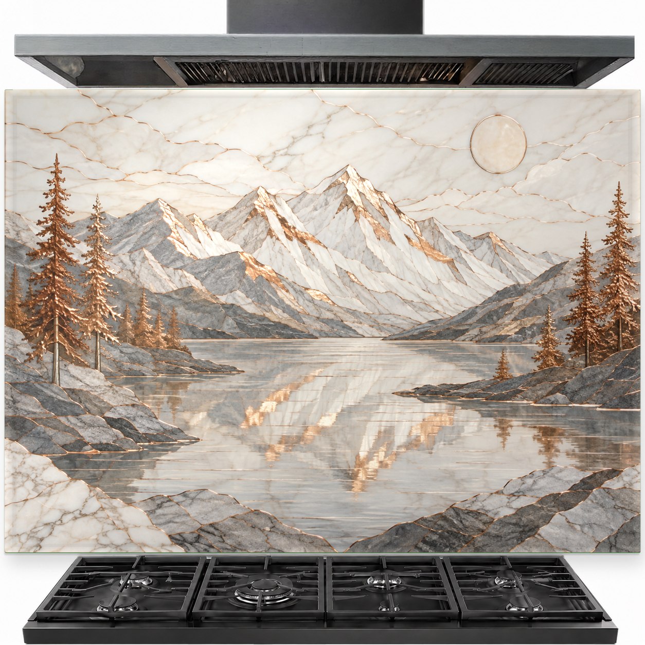 Copper Lake tempered glass backsplash panel installed behind a modern gas cooktop in a rustic kitchen.