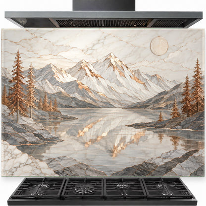 Copper Lake tempered glass backsplash panel installed behind a modern gas cooktop in a rustic kitchen.