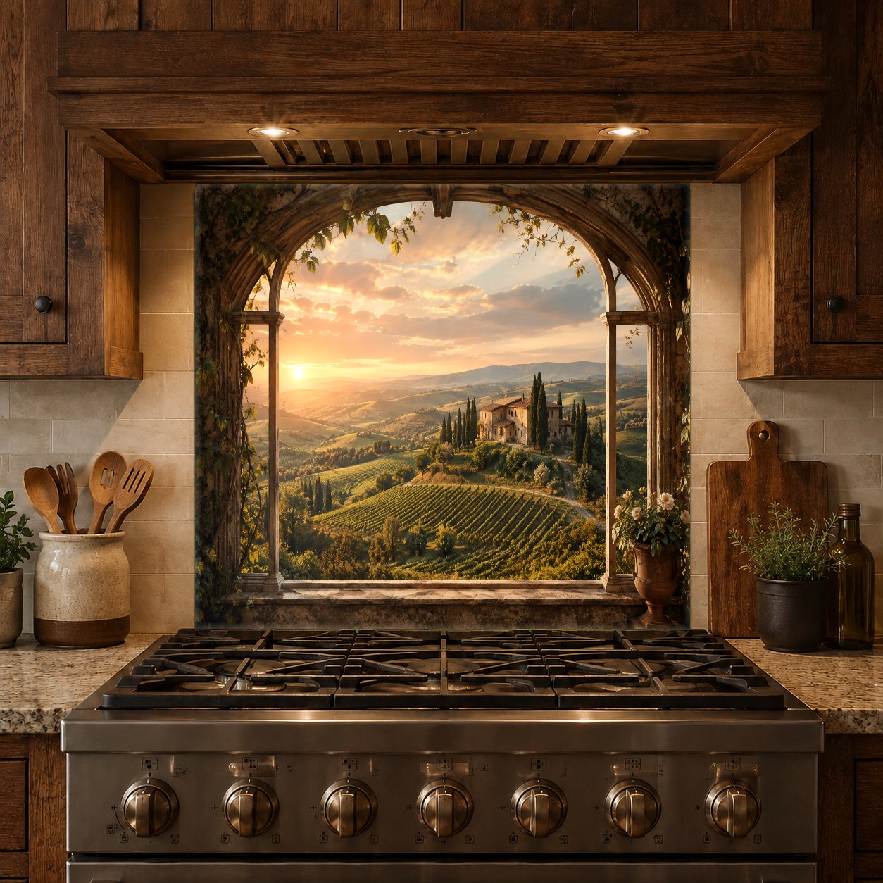 Custom size sunset garden view kitchen glass backsplash ready for daily culinary use