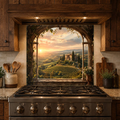 Custom size sunset garden view kitchen glass backsplash ready for daily culinary use