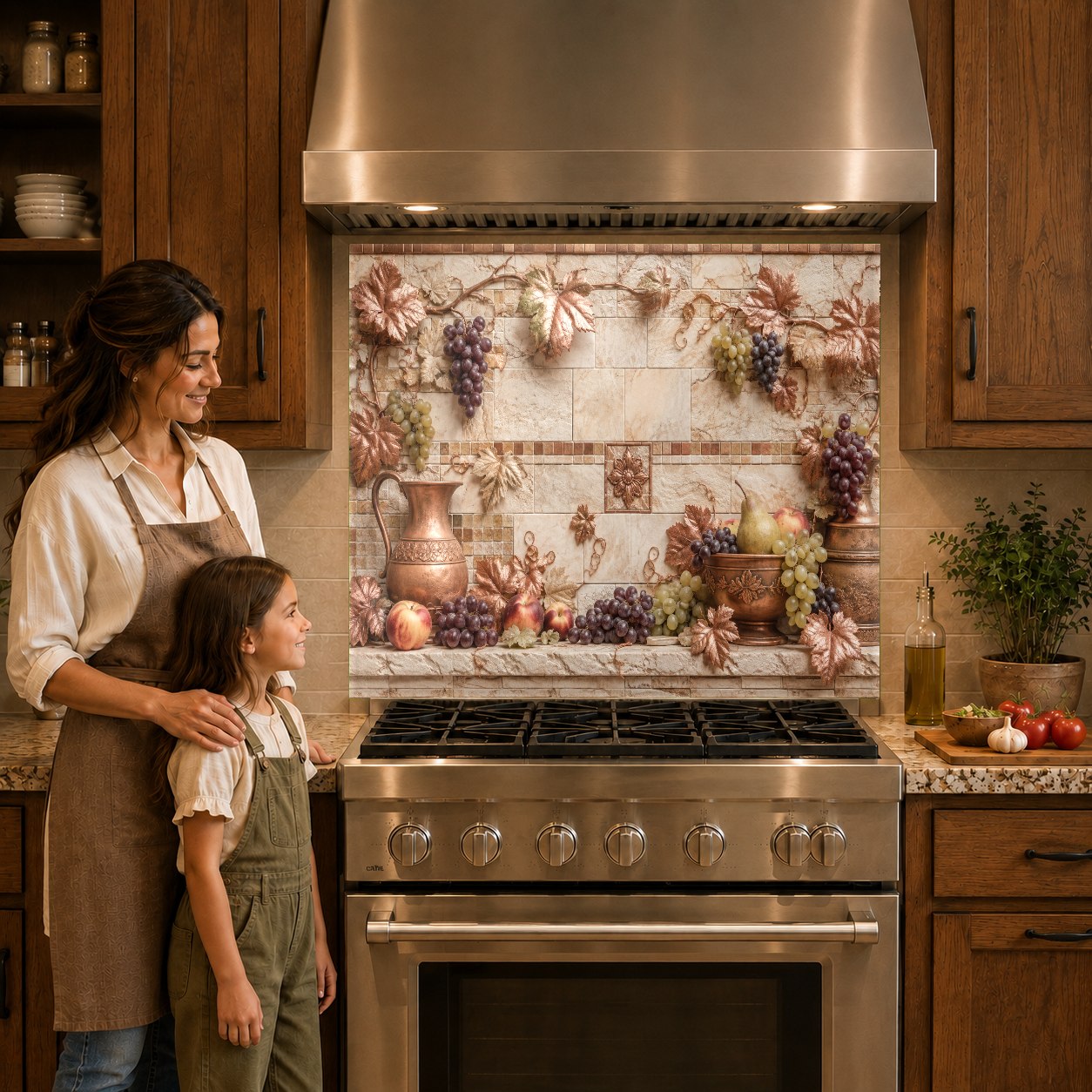 Close-up of the warm bronze and copper tones of the Tuscan Copper glass backsplash behind a cooktop.