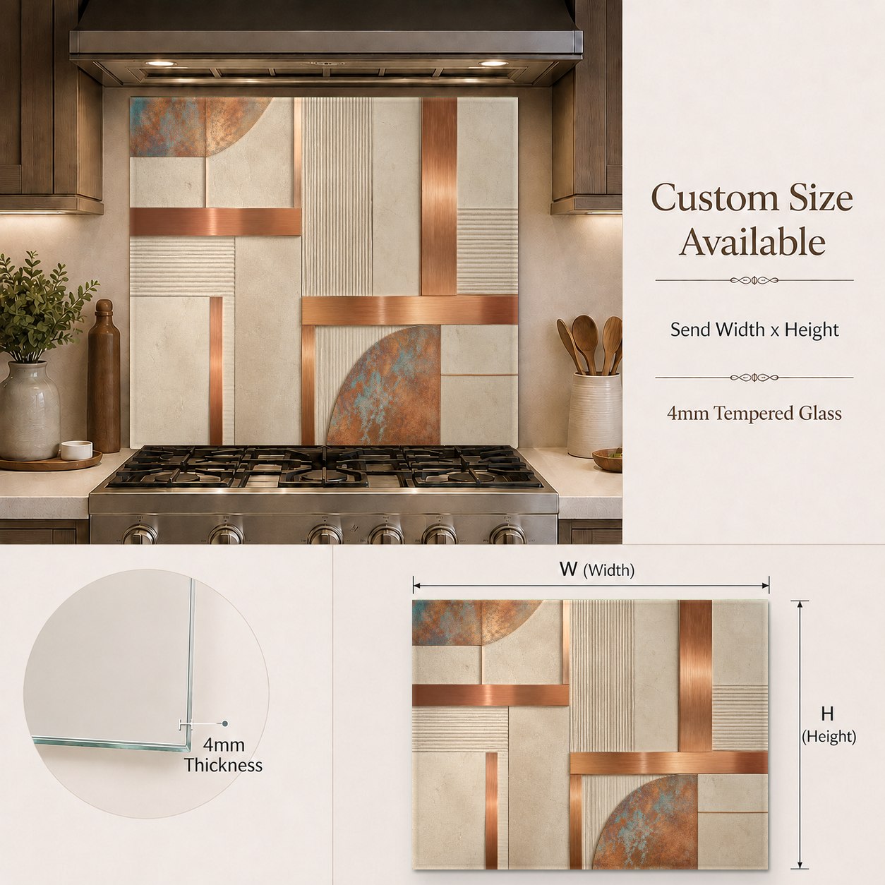 Warm bronze and copper glass backsplash panel behind a home bar sink with ambient lighting.
