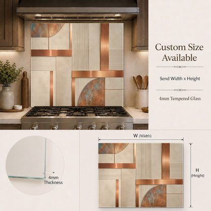 Warm bronze and copper glass backsplash panel behind a home bar sink with ambient lighting.