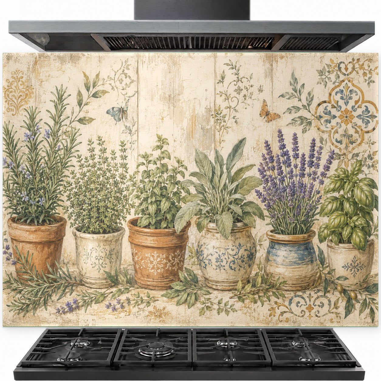 Rustic pot flowers tempered glass backsplash installed behind a professional gas stove in a farmhouse kitchen.