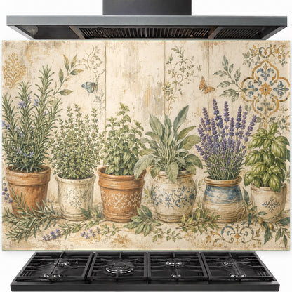 Rustic pot flowers tempered glass backsplash installed behind a professional gas stove in a farmhouse kitchen.
