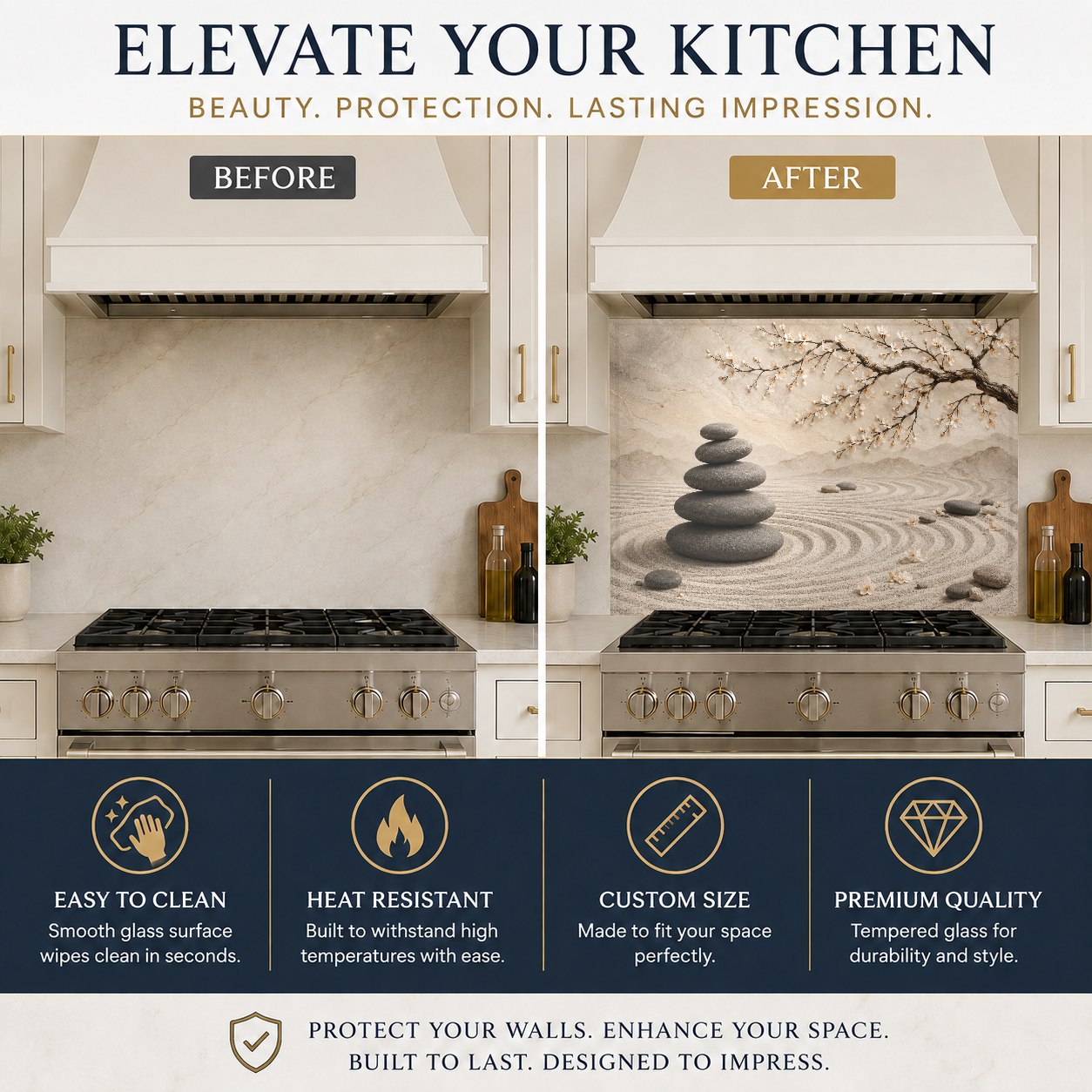 Zen Blossom glass backsplash panel on a kitchen sink wall, offering a waterproof and easy-to-clean surface.