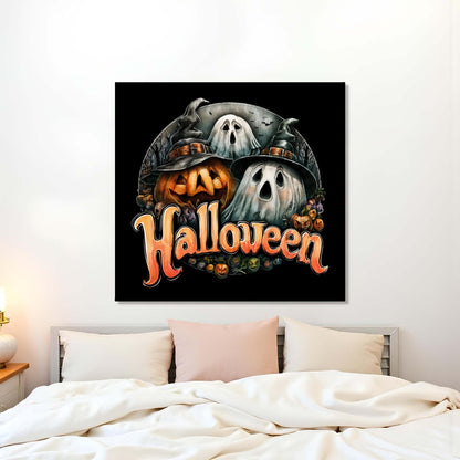 Halloween-themed wall art above a bed with pumpkins and ghosts.