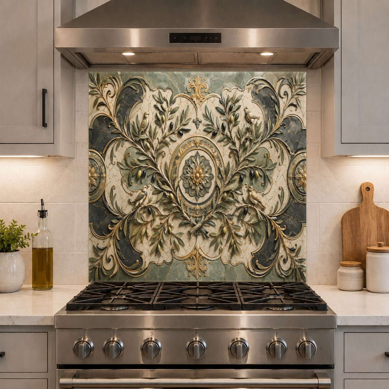 Durable and easy-to-clean tempered glass backsplash panel showcasing olive branches over a kitchen countertop.