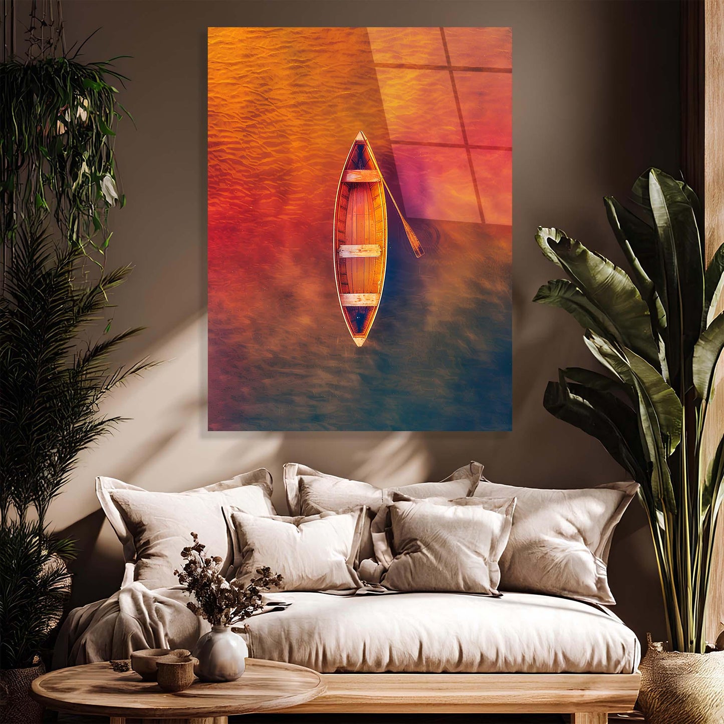 Sofa with decorative pillows and a painting of a canoe on the wall in a living room setting.
