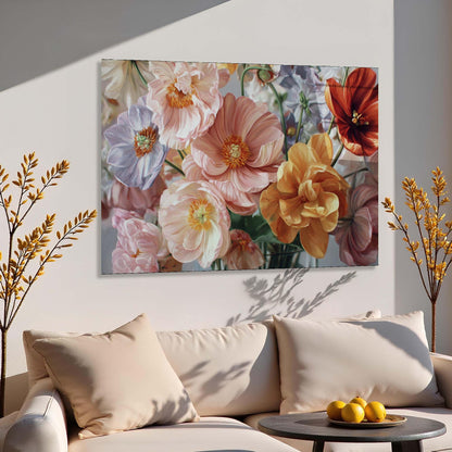 Floral painting above a beige sofa with decorative elements.