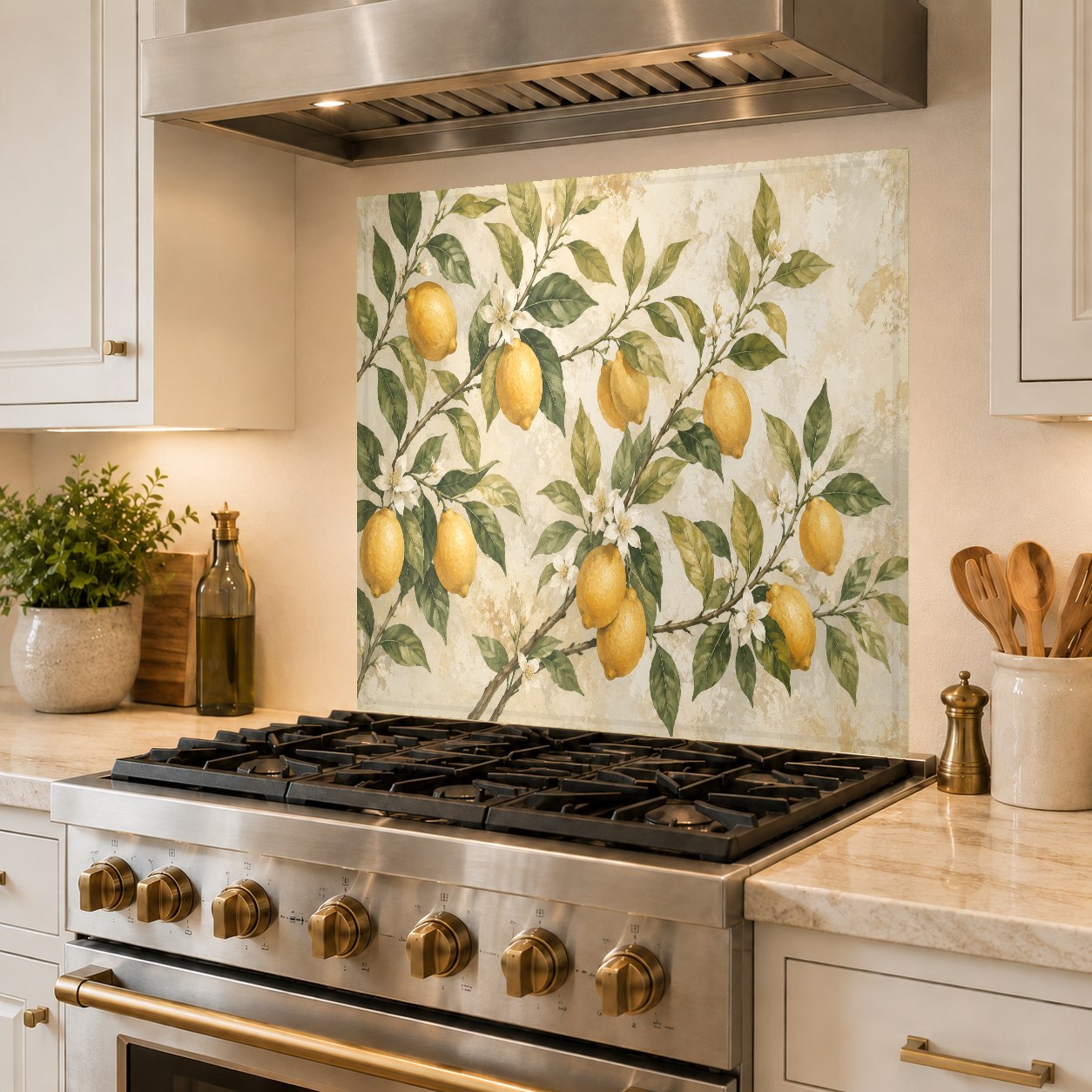 Hygienic and easy-to-clean glass kitchen backsplash with lemon grove print behind a sink faucet.