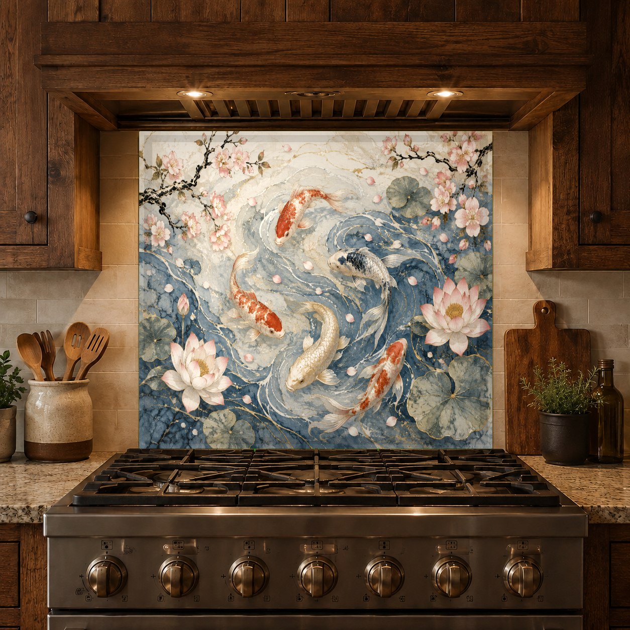 Full view of Moonlit Koi tempered glass backsplash in a luxury modern kitchen
