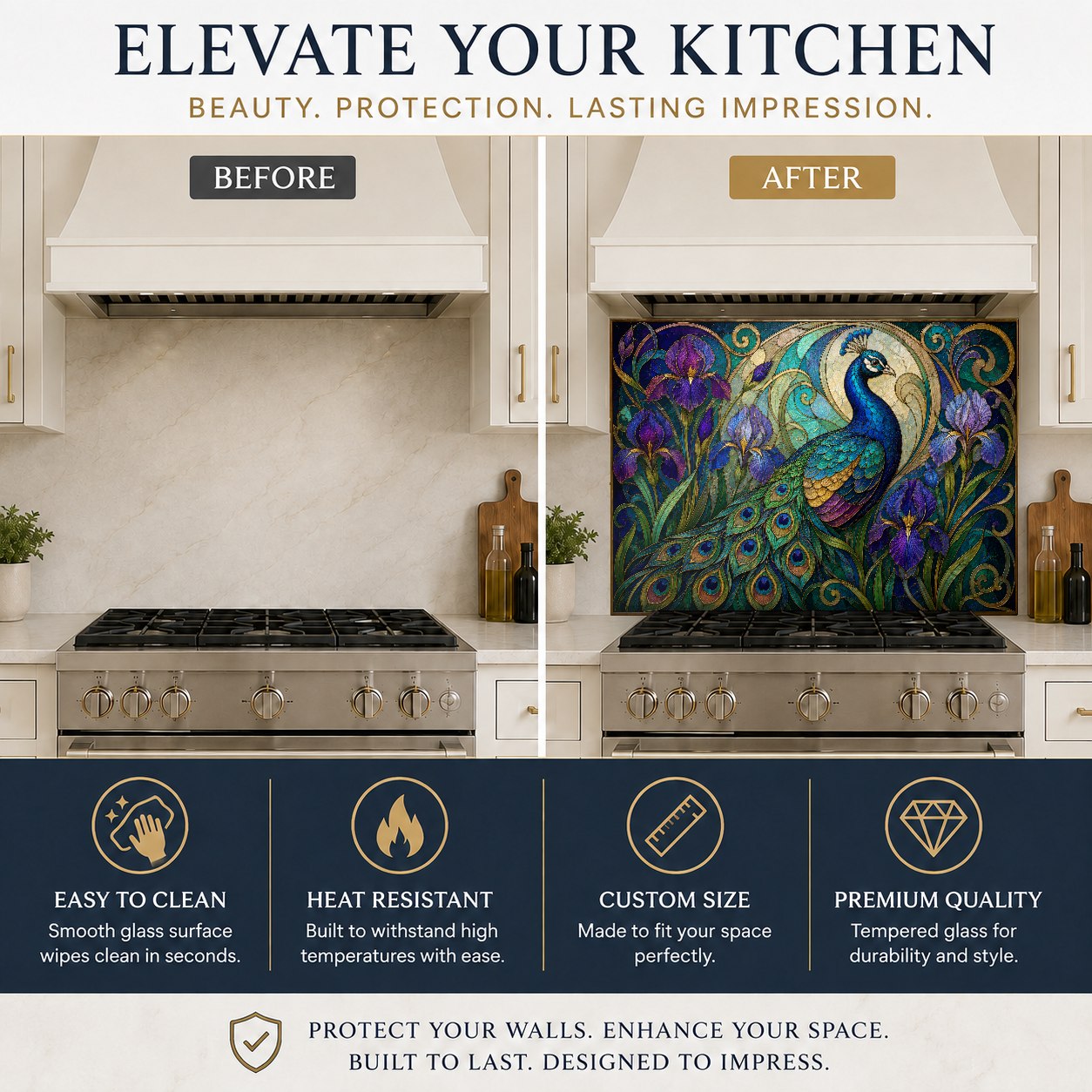 Vibrant glass backsplash featuring an iris peacock motif in a luxury kitchen