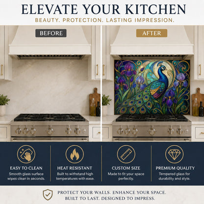 Vibrant glass backsplash featuring an iris peacock motif in a luxury kitchen