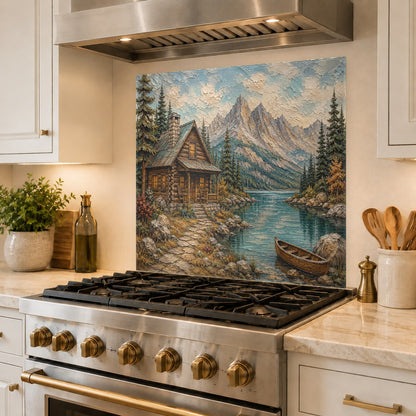Beautiful pine forest and lake scene printed on a high-gloss glass backsplash behind a kitchen stove.