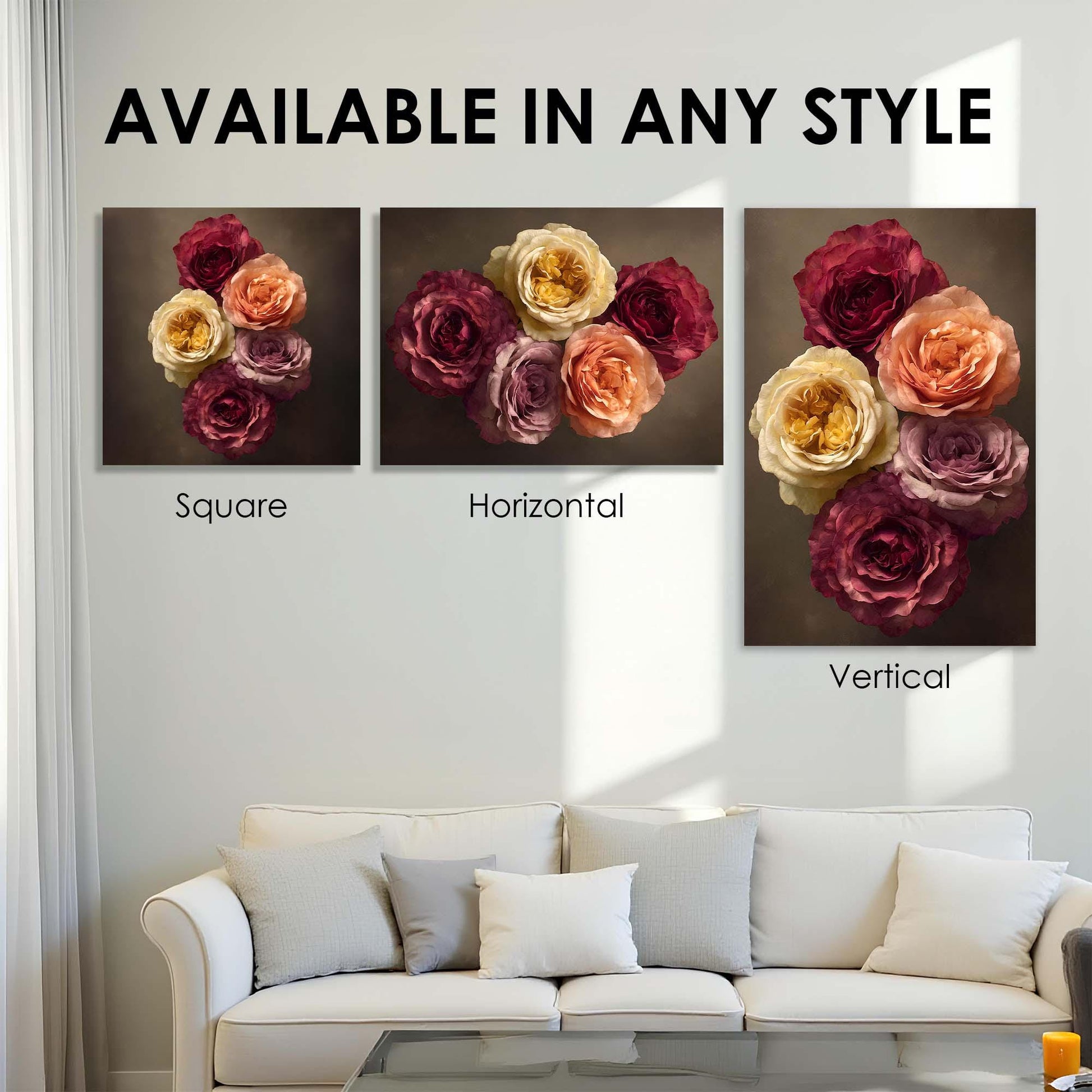 Three floral wall art pieces displayed on a wall above a sofa with text indicating availability in various styles.