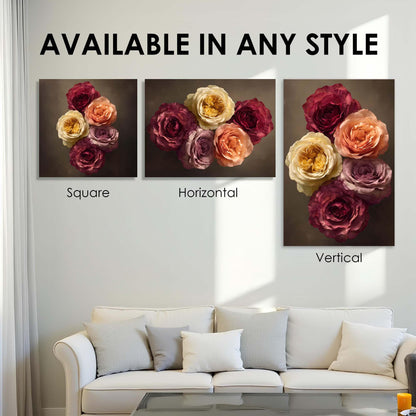 Three floral wall art pieces displayed on a wall above a sofa with text indicating availability in various styles.