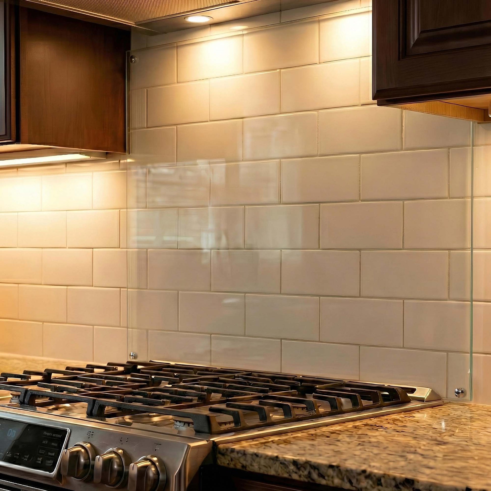 Stainless steel gas stove in a kitchen with clear glass backsplash and wooden cabinets.