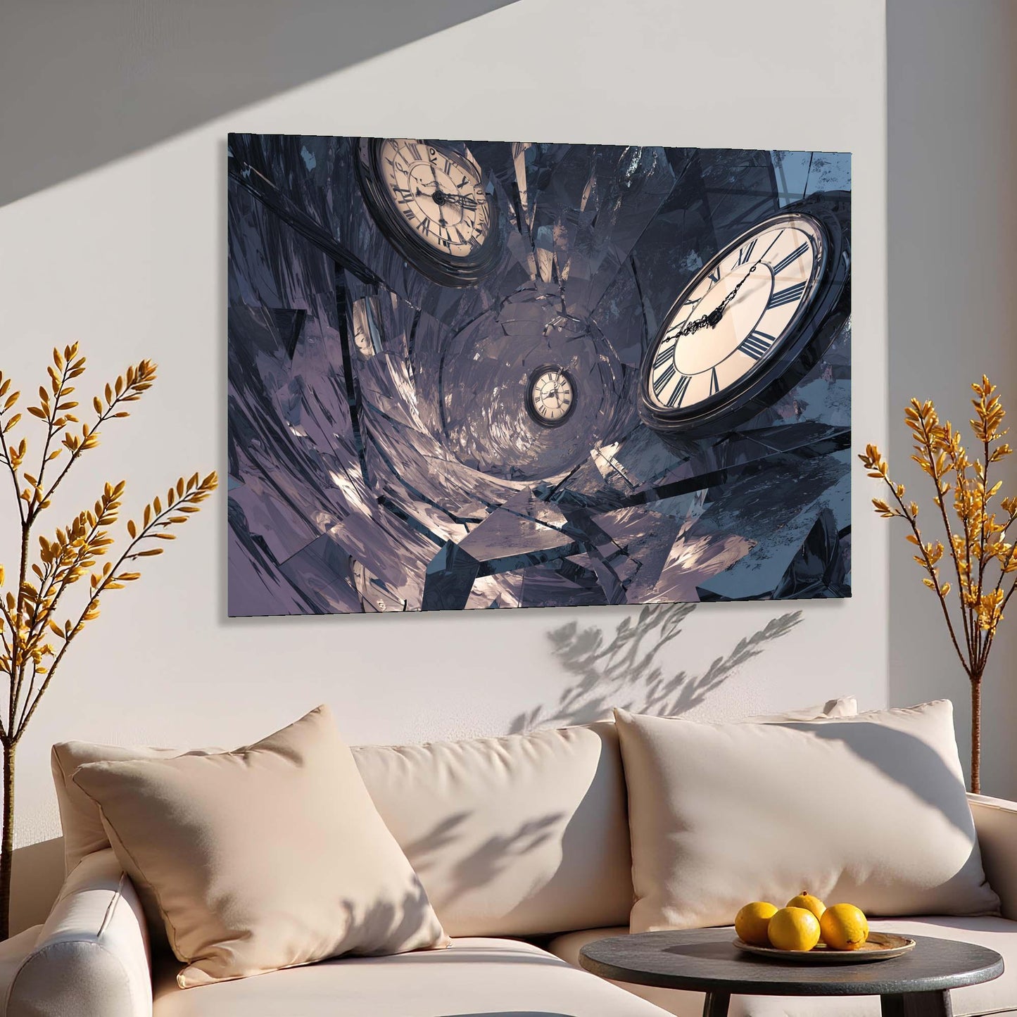 Abstract wall art with clock design above a sofa in a living room.