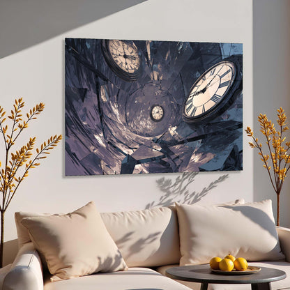 Abstract wall art with clock design above a sofa in a living room.