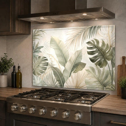 Clean minimalist green glass backsplash protecting the kitchen wall behind the sink area