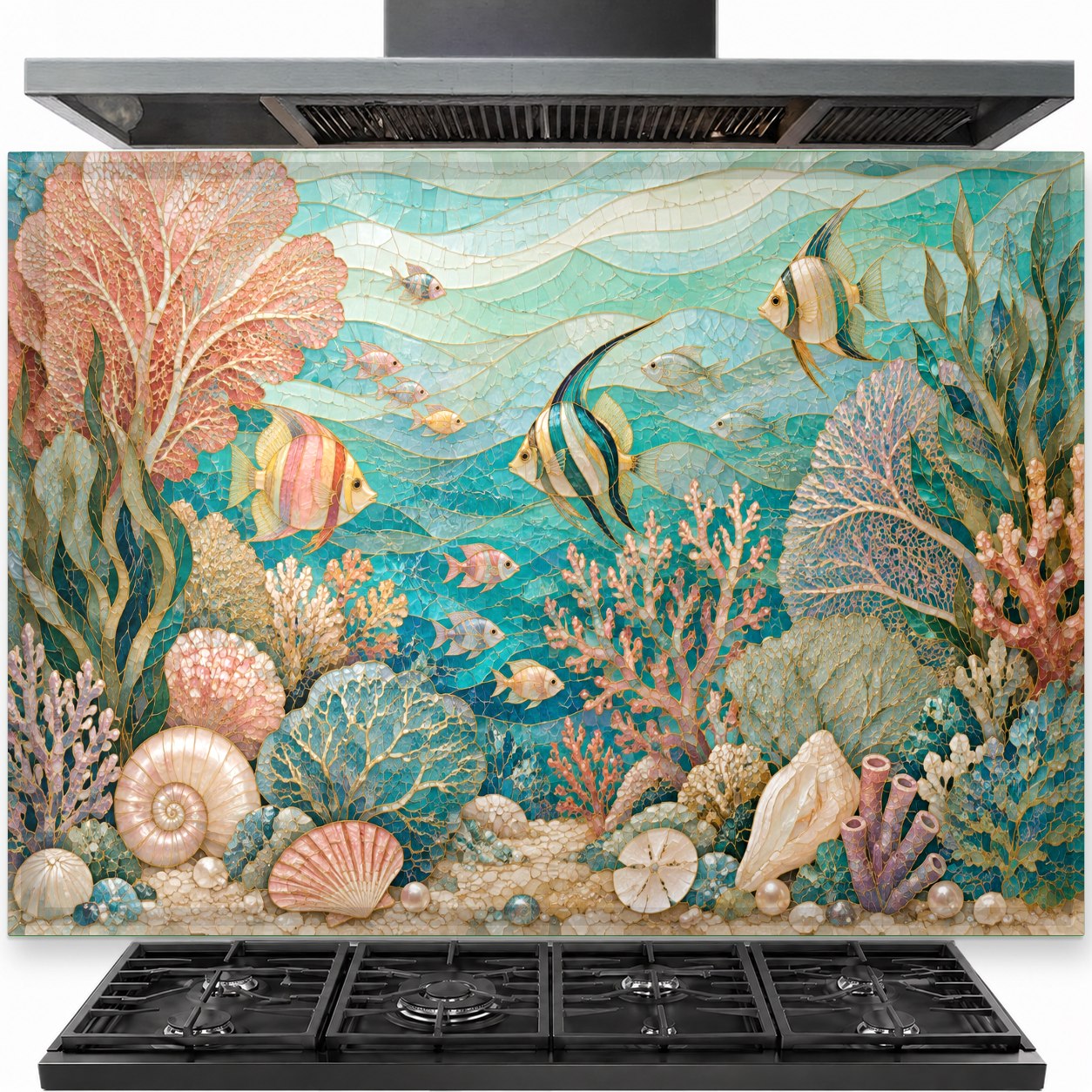 Coastal ocean tempered glass backsplash installed behind a modern kitchen stove