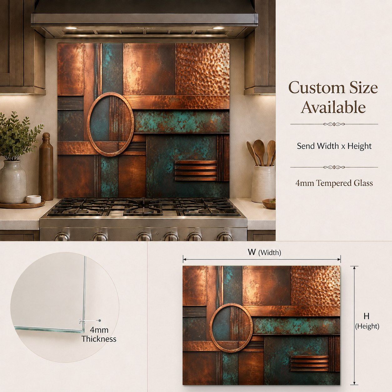 Tempered glass kitchen backsplash with patina copper design over a kitchen island