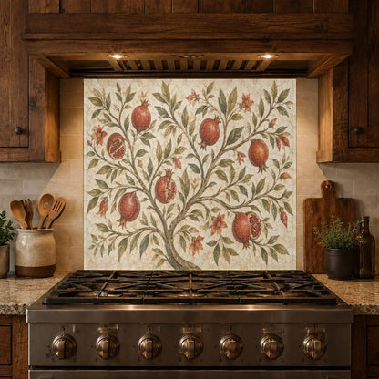 Mediterranean style kitchen featuring a red pomegranate fruit design glass backsplash behind a pro-style range.