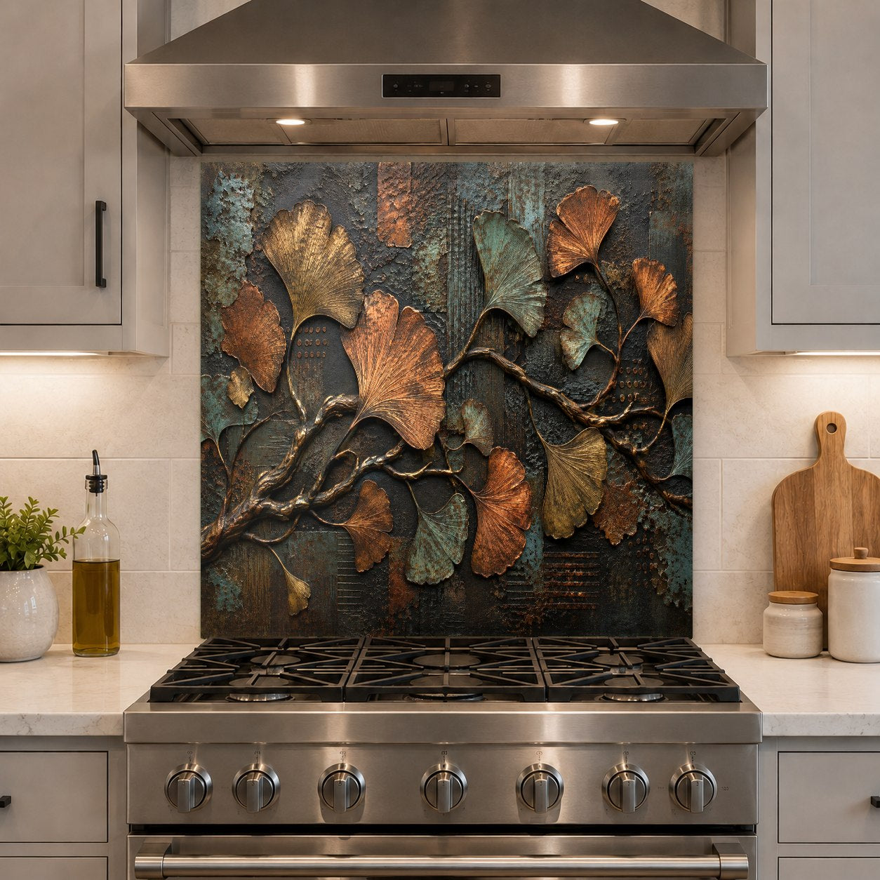 Close-up of heat-resistant glass kitchen backsplash with metallic ginkgo leaf design