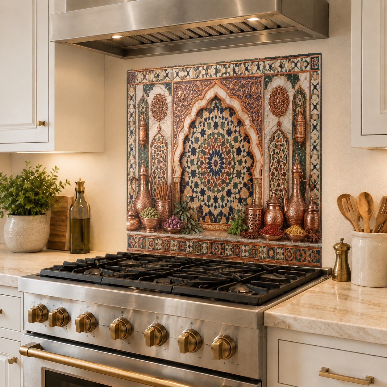 Reflective copper pattern tempered glass backsplash behind stove top