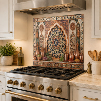 Reflective copper pattern tempered glass backsplash behind stove top