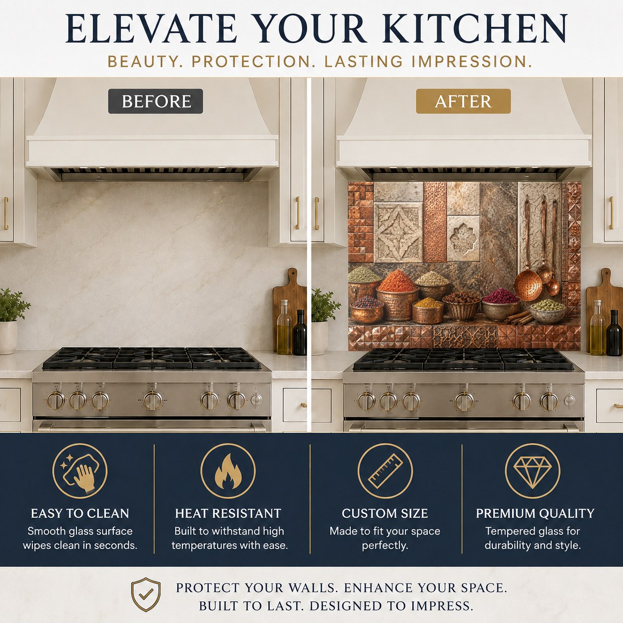 Metallic copper glass kitchen backsplash behind a stainless steel sink