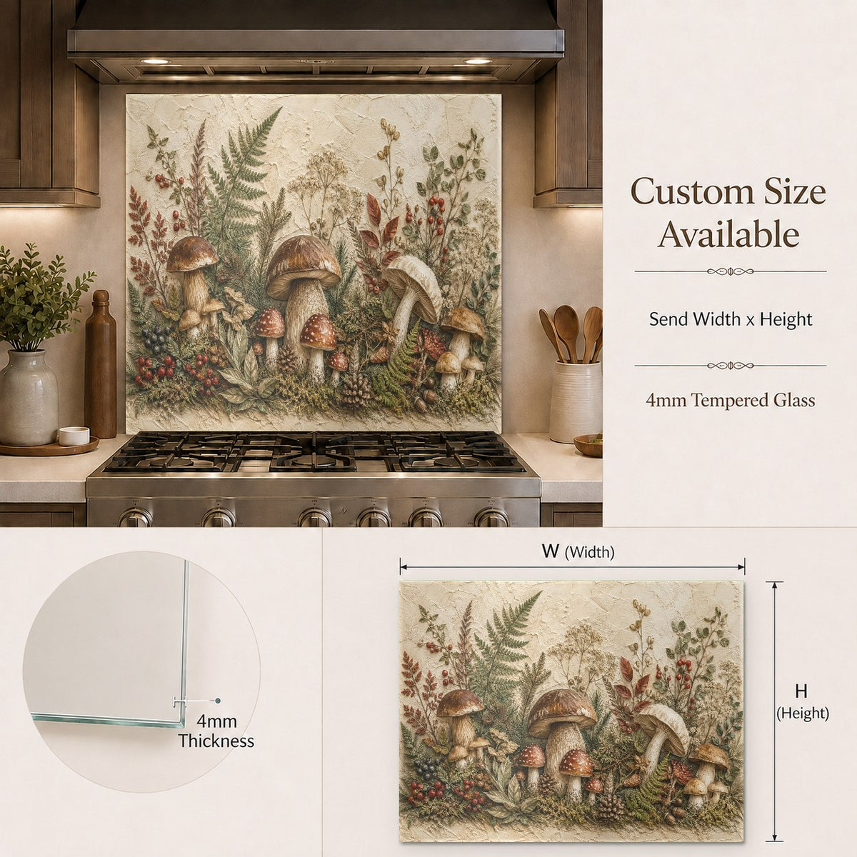 Elegant forest floor design glass backsplash adding a natural touch to a modern white kitchen.