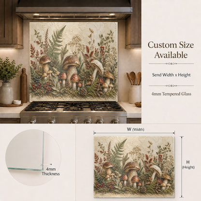 Elegant forest floor design glass backsplash adding a natural touch to a modern white kitchen.