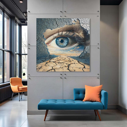 Modern interior with a large abstract painting of an eye on a cracked surface, a blue sofa, and orange chair.
