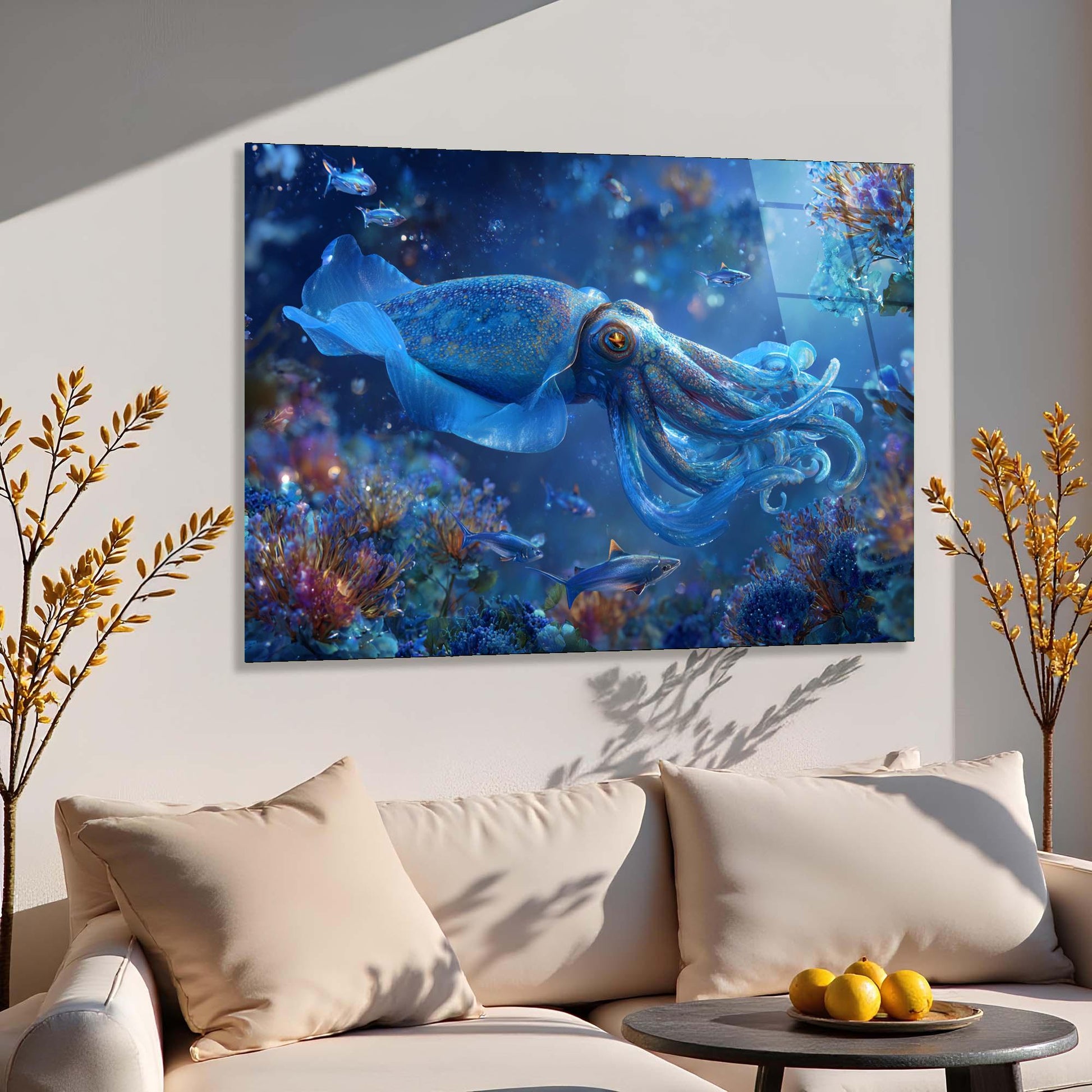 Canvas print of an underwater scene with a blue squid hanging above a beige sofa.