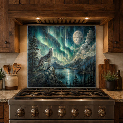 Custom size glass kitchen backsplash featuring majestic wildlife under night sky