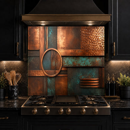 Heat-resistant copper patina glass backsplash reflecting kitchen lighting