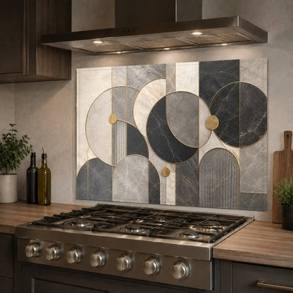 Hygienic geometric glass backsplash protecting the wall behind a modern stainless steel kitchen sink.