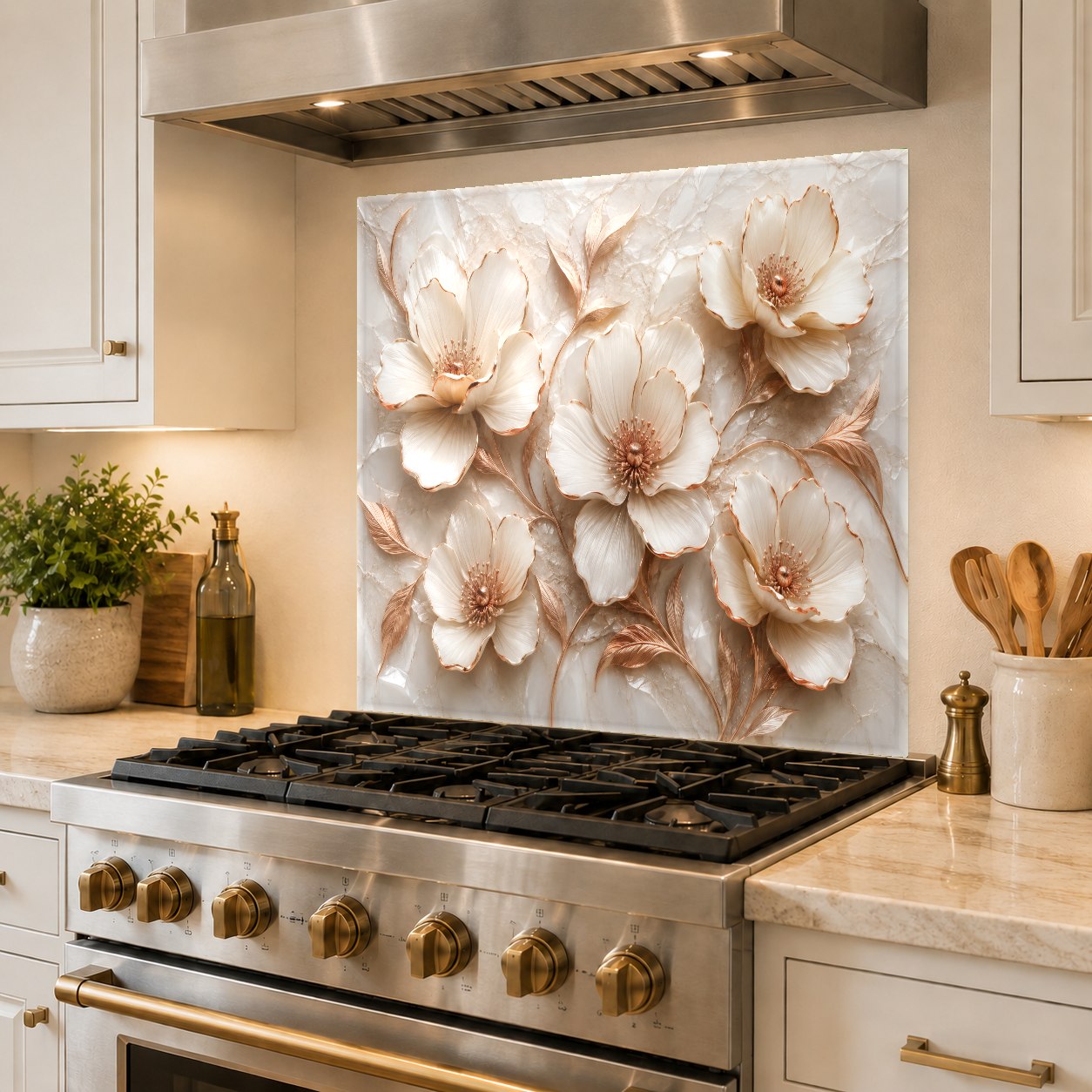 Beautiful floral copper kitchen backsplash panel installed over existing tiles for an instant upgrade.