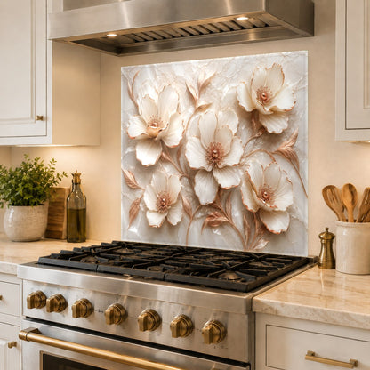 Beautiful floral copper kitchen backsplash panel installed over existing tiles for an instant upgrade.