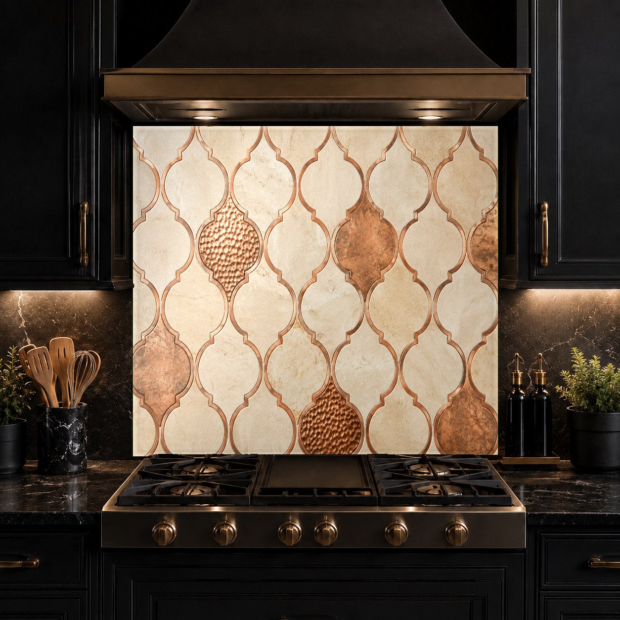 Durable and easy-to-clean copper geometric tempered glass backsplash protecting the wall behind a kitchen stove.